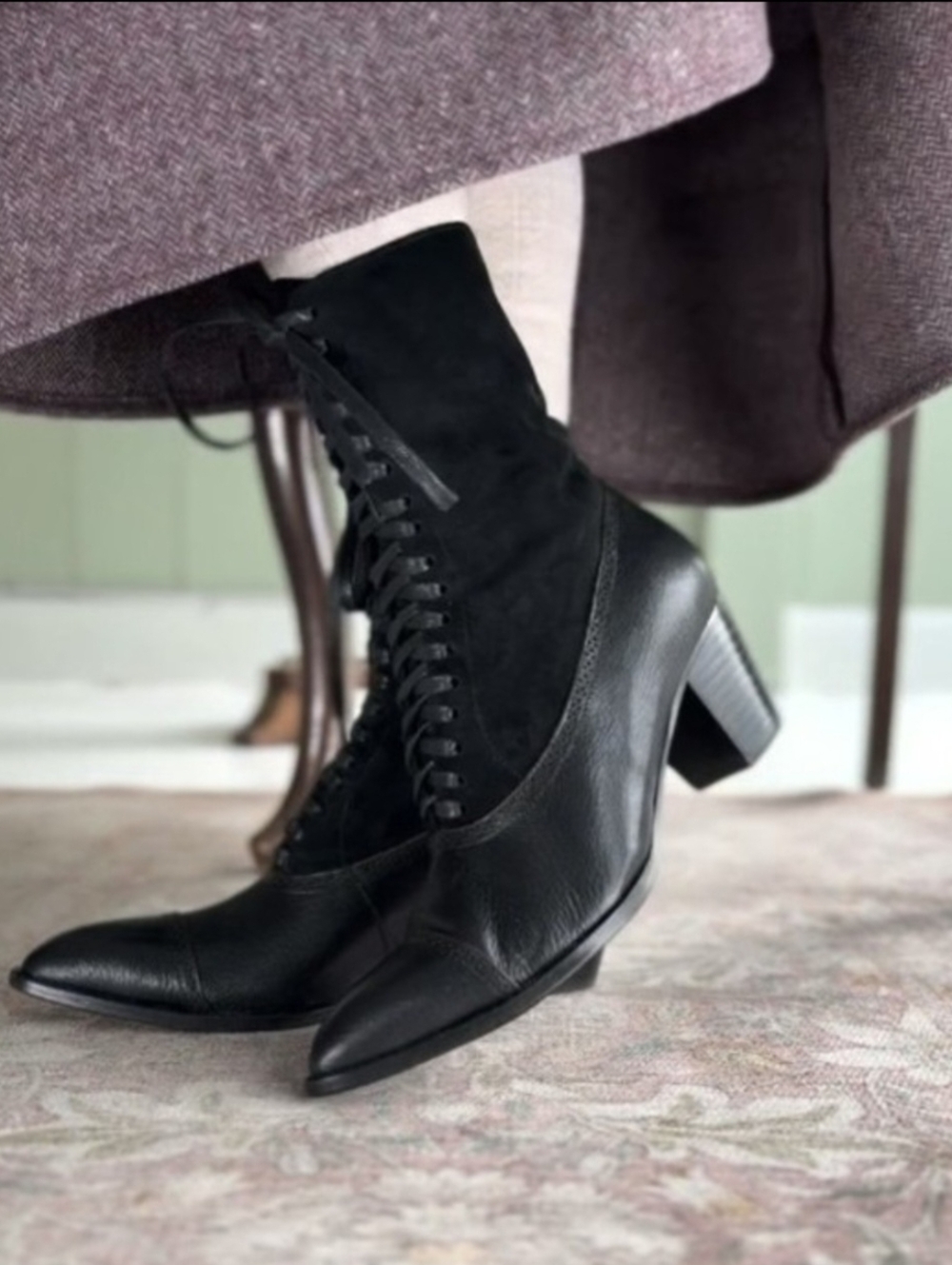 Women's Black Lace-Up Leather & Suede Ankle Boots
